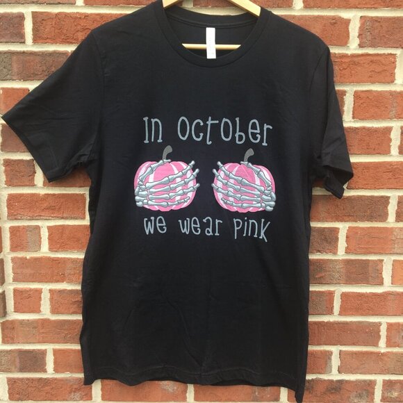 Breast Cancer Awareness Tee Large In October We Wear Pink Skellie Hands Pumpkins - Picture 3 of 8